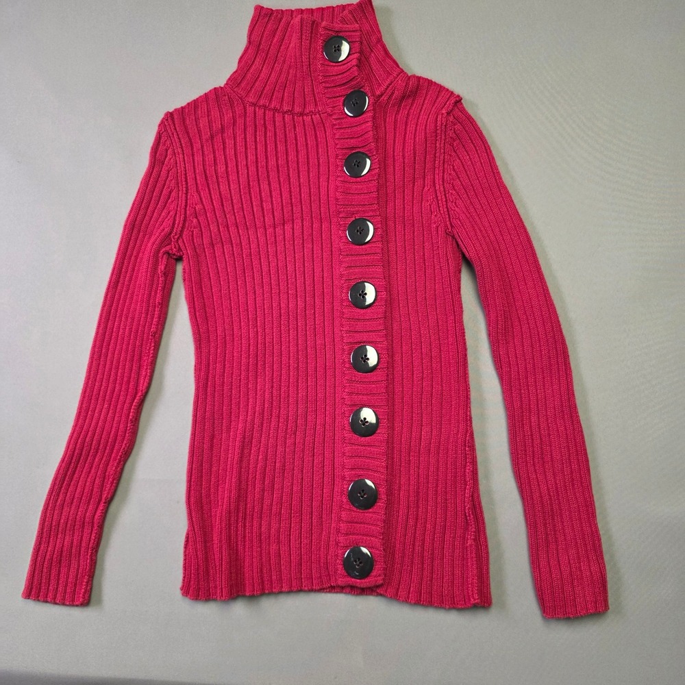 Moda International Women Pink Ribbed Turtleneck Button Front Cardigan Sweater M